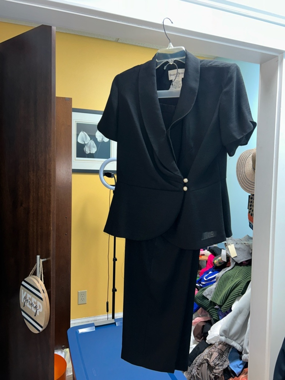 Donna Morgan Black Short-Sleeve Blazer and Skirt Set with Pearl Buttons